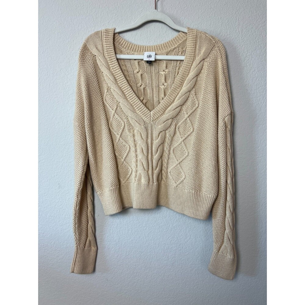 CAbi Cable Knit Sweater Womens Small Beige V-Neck Pullover Long Sleeve Top